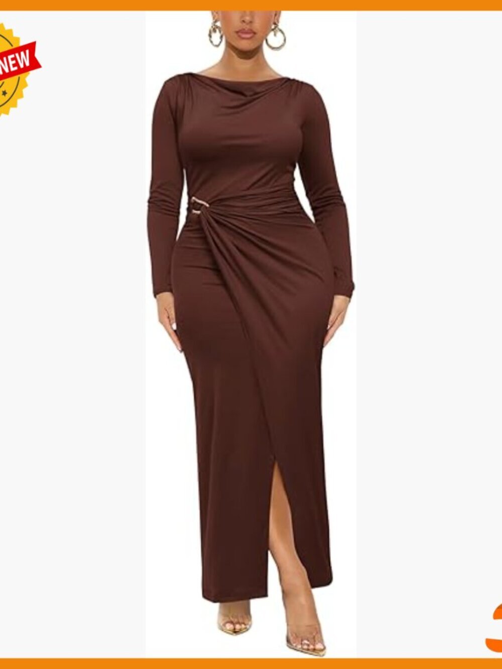 Long Sleeve Maxi Bodycon Dress with Cowl Neck and Waist Buckle